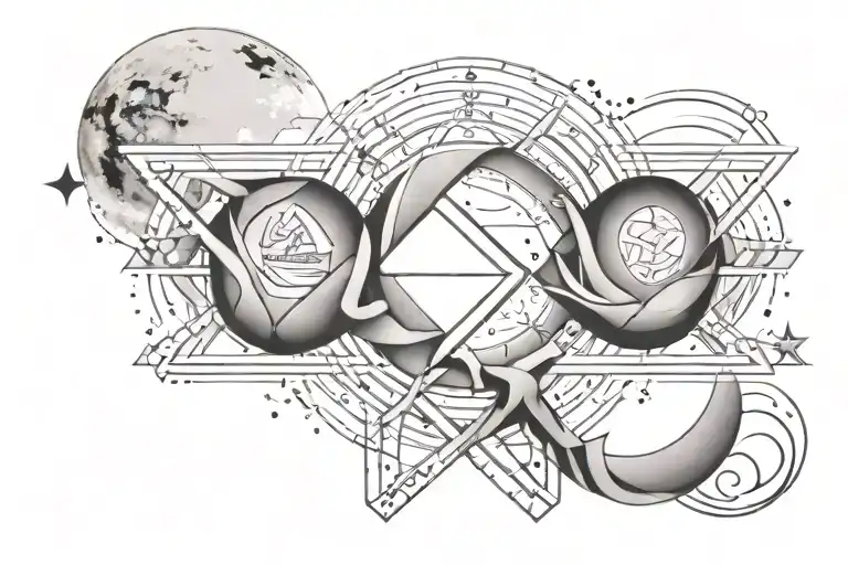 double helix intertwined with three mountains, a sun, and a moon, horizontal tattoo design idea