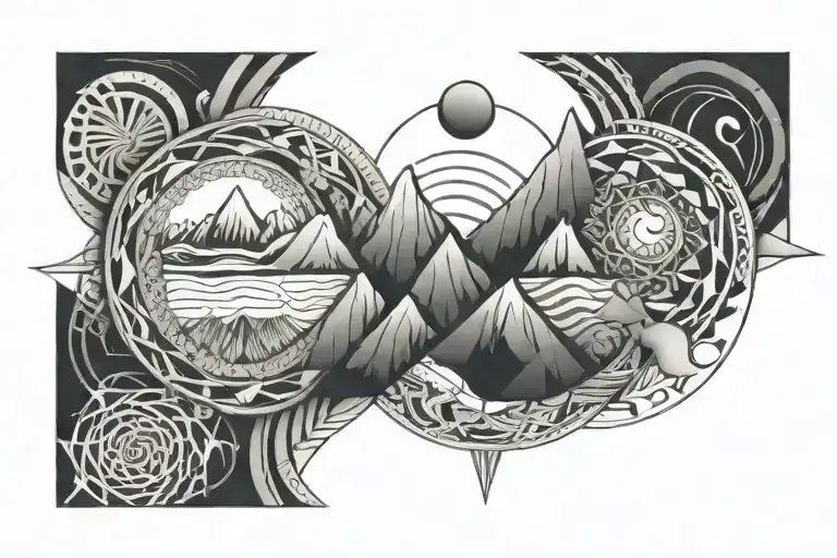 double helix intertwined with three mountains, a sun, and a moon, horizontal tattoo design idea