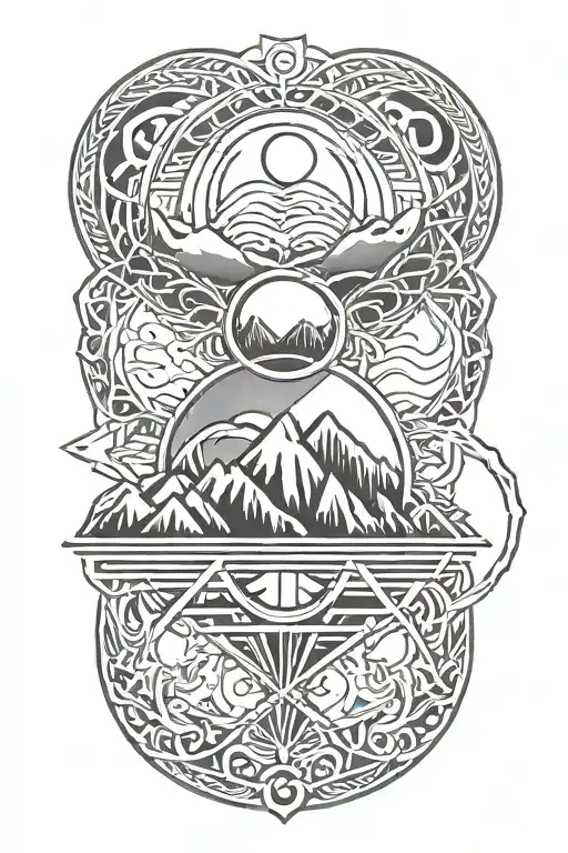 double helix intertwined with three mountains, a sun, and a moon, horizontal tattoo design idea