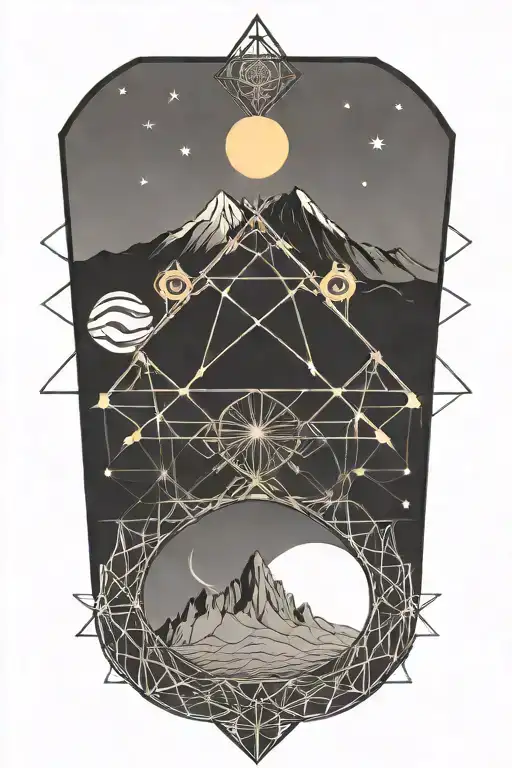 double helix intertwined with the sun and moon and mountains  tattoo design idea