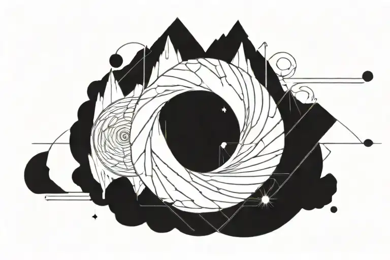 double helix intertwined with three mountains, a sun, and a moon, horizontal tattoo design idea