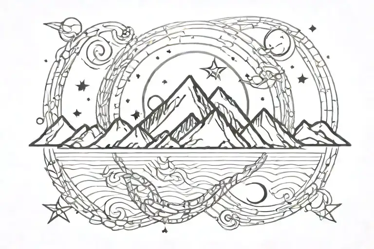 double helix intertwined with three mountains, a sun, and a moon tattoo design idea