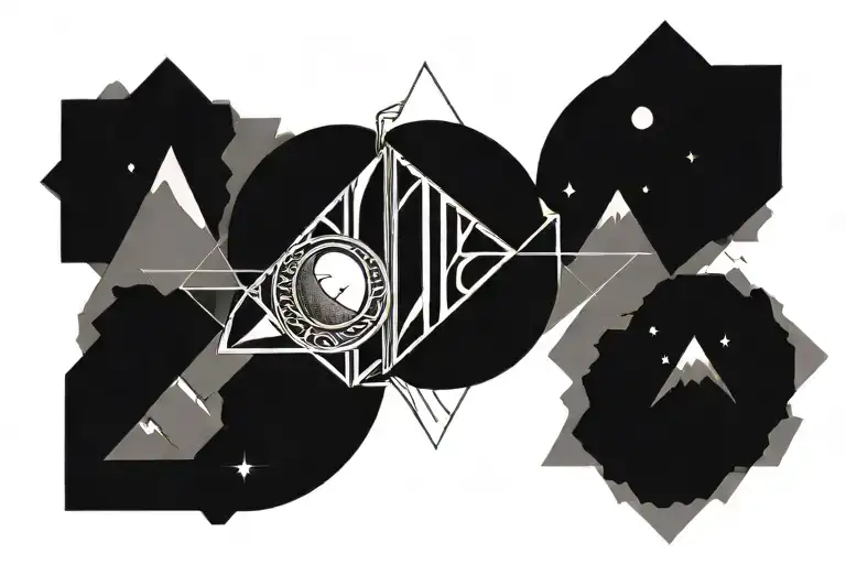 double helix intertwined with three mountains, a sun, and a moon tattoo design idea