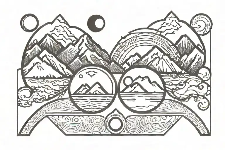 double helix, sun, moon, mountains tattoo design idea