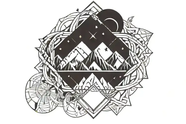 double helix intertwined with three mountains, a sun, and a moon tattoo design idea