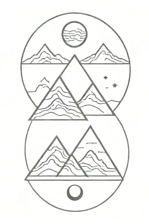 3 triangle mountains with sun and moon tattoo design idea