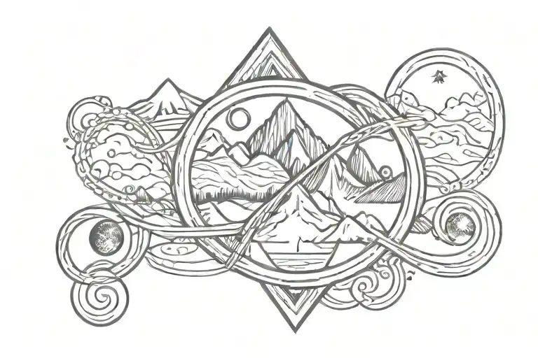double helix intertwined with three mountains, a sun, and a moon tattoo design idea