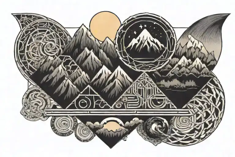 double helix intertwined with 3 mountains  and sun and moon tattoo design idea