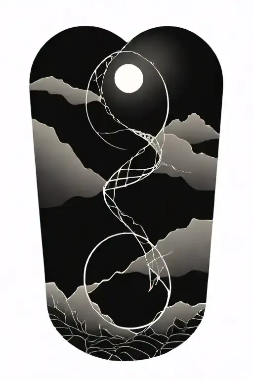 double helix intertwined with the sun and moon and mountains  tattoo design idea