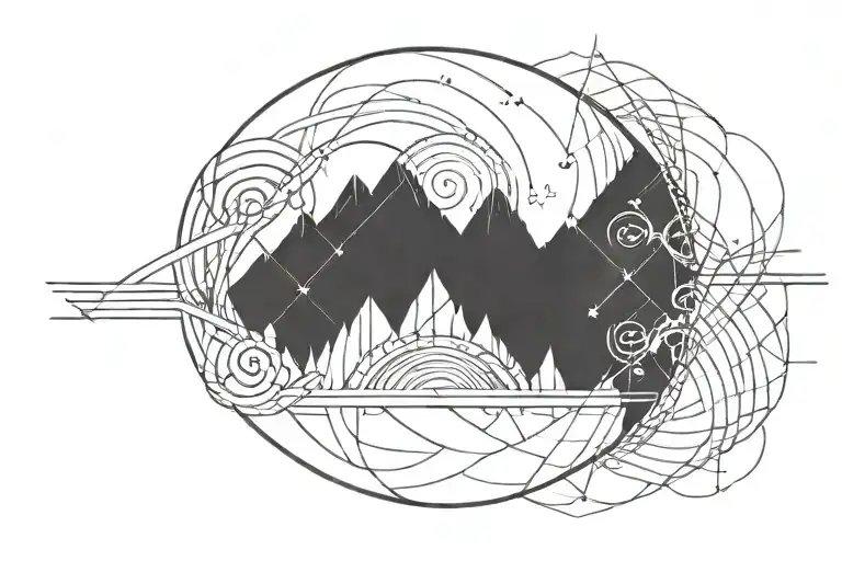 double helix intertwined with three mountains, a sun, and a moon, horizontal tattoo design idea
