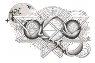 double helix intertwined with three mountains, a sun, and a moon, horizontal tattoo design idea