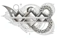double helix intertwined with three mountains, a sun, and a moon, horizontal tattoo design idea
