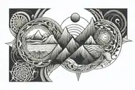 double helix intertwined with three mountains, a sun, and a moon, horizontal tattoo design idea