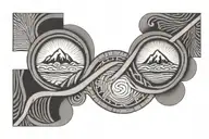 double helix intertwined with three mountains, a sun, and a moon, horizontal tattoo design idea