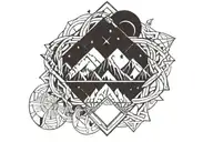 double helix intertwined with three mountains, a sun, and a moon tattoo design idea