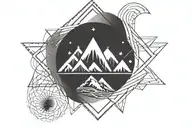 double helix intertwined with three mountains, a sun, and a moon tattoo design idea