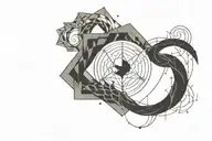 double helix intertwined with three mountains, a sun, and a moon tattoo design idea