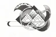 double helix intertwined with three mountains, a sun, and a moon tattoo design idea