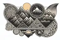 double helix intertwined with 3 mountains  and sun and moon tattoo design idea