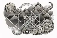 double helix intertwined with 3 mountains  and sun and moon tattoo design idea