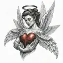 angel, half demon, spreading wings, holding her heart in front of her  tattoo design idea