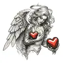 angel, half demon, spreading wings, holding her heart in front of her  tattoo design idea