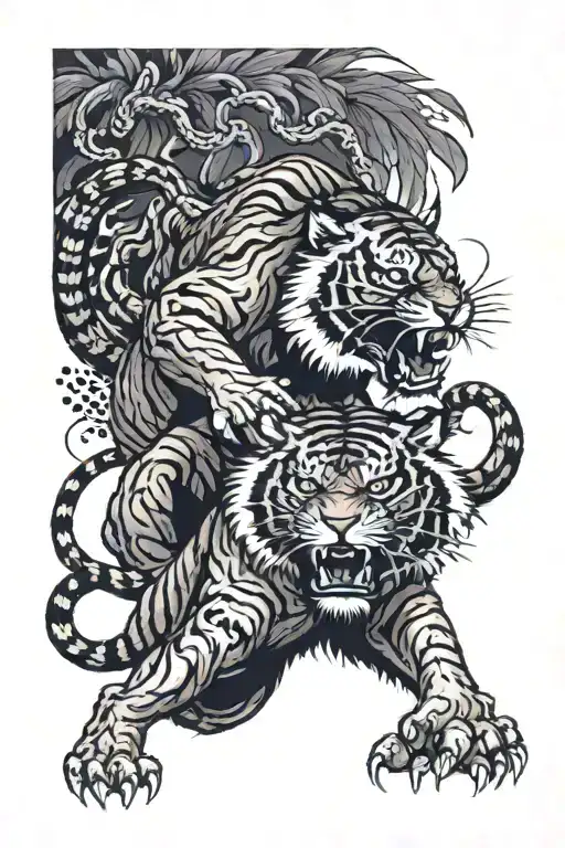 asian tiger lion fight scene tattoo design idea