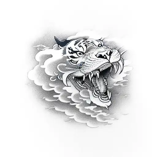shaded dragon tattoo fighting a tiger in clouds tattoo design idea