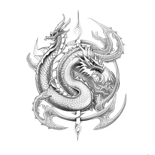ocean dragon curling around a trident tattoo design idea