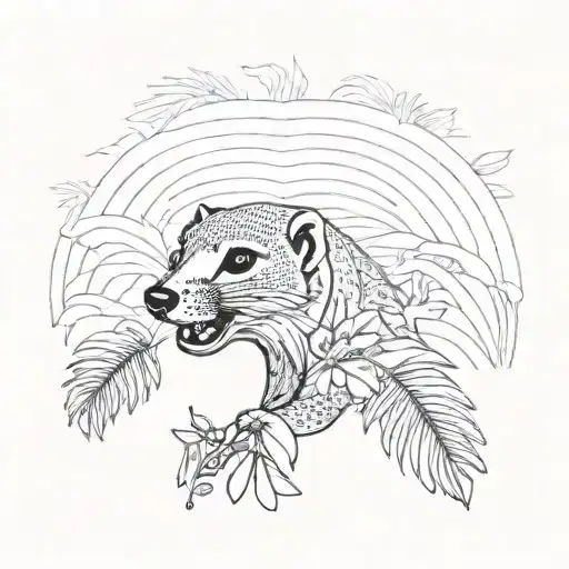 A mongoose surrounded by vibrant Caribbean flowers and palm trees tattoo design idea