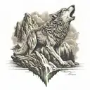 wolf with mountain, waterfall and lightning bolt striking tattoo design idea