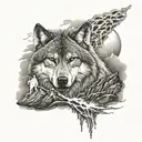 wolf with mountain, waterfall and lightning bolt striking tattoo design idea