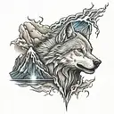 wolf with mountain, waterfall and lightning bolt striking tattoo design idea