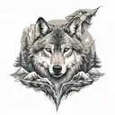 wolf with mountain, waterfall and lightning bolt striking tattoo design idea