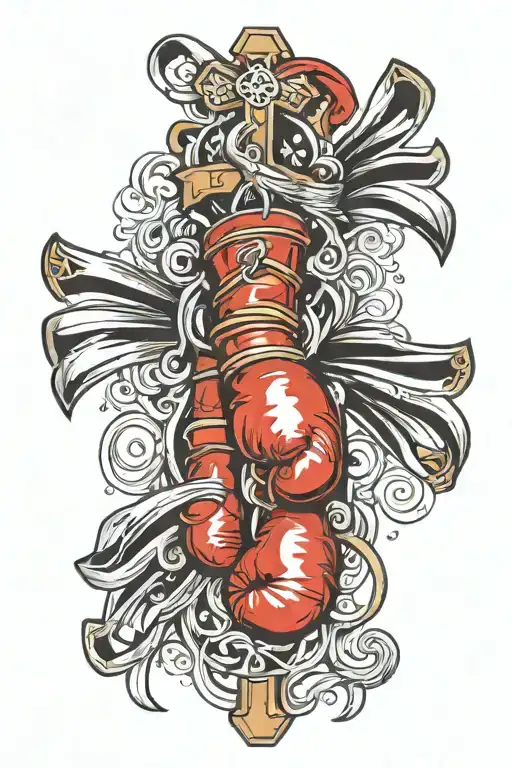 Cross draped with boxing gloves hanging, one side tattoo design idea