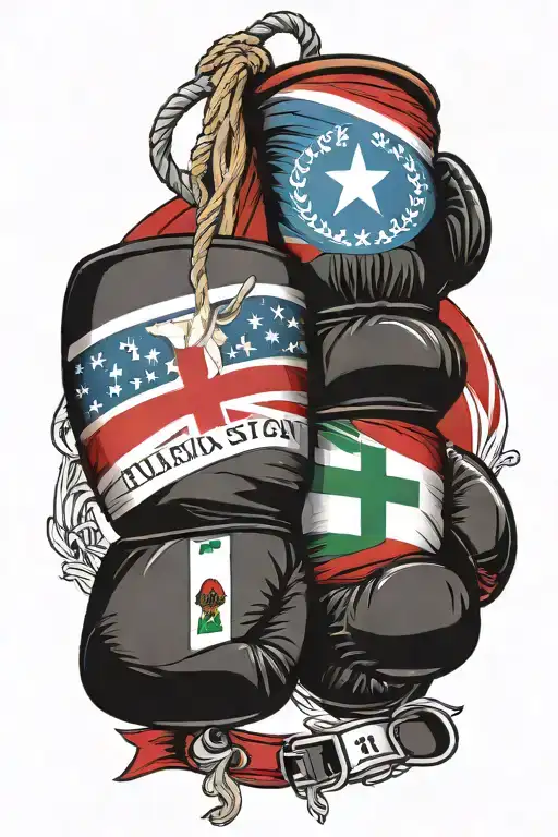 Cross draped with boxing gloves hanging, one glove being the Italian flag and the other the Puerto Rican flag tattoo design idea