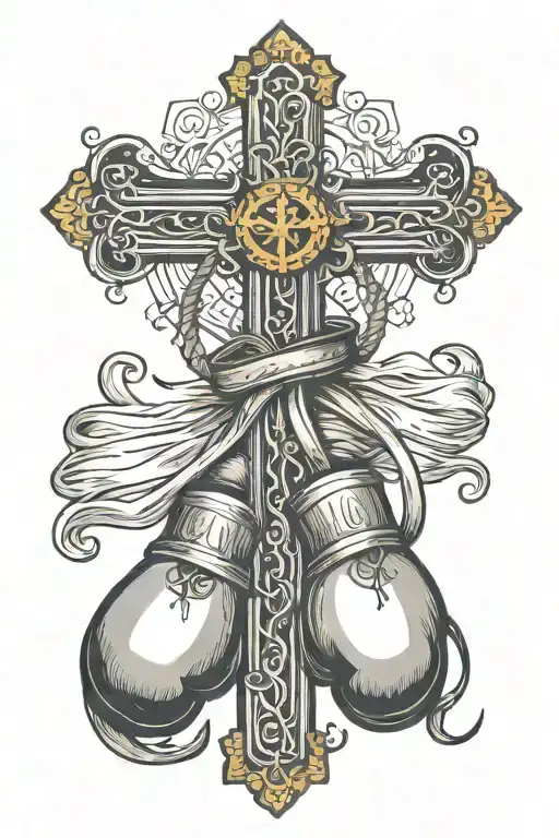 Main religious cross draped with boxing gloves hanging, one side tattoo design idea