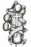 Main religious cross draped with boxing gloves hanging, one side tattoo design idea