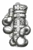 Main religious cross draped with boxing gloves hanging, one side tattoo design idea