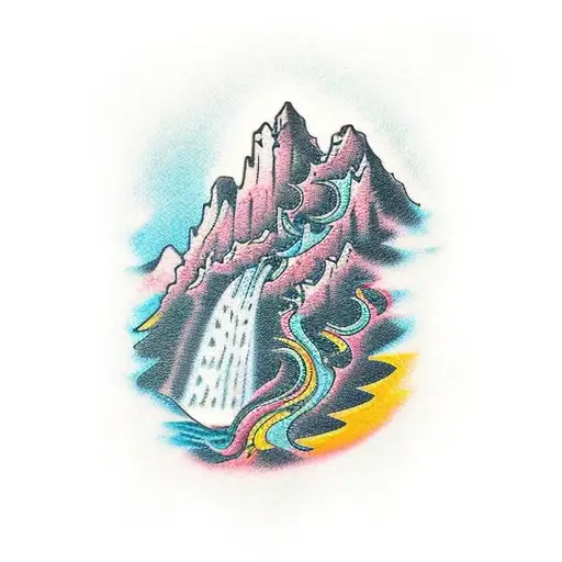 A majestic waterfall cascading down a rocky mountain surrounded by lush greenery tattoo design idea