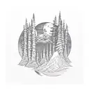moon behind a mountian, with a forrest, with a lake at the base, which transforms into a river tattoo design idea