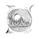 moon behind a mountian, with a forrest, with a lake at the base, which transforms into a river tattoo design idea