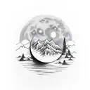 moon behind a mountian, with a forrest, with a lake at the base, which transforms into a river tattoo design idea