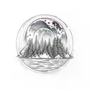moon behind a mountian, with a forrest, with a lake at the base, which transforms into a river tattoo design idea