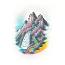 A majestic waterfall cascading down a rocky mountain surrounded by lush greenery tattoo design idea