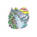 A majestic waterfall cascading down a rocky mountain surrounded by lush greenery tattoo design idea