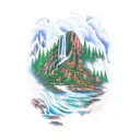 A majestic waterfall cascading down a rocky mountain surrounded by lush greenery tattoo design idea