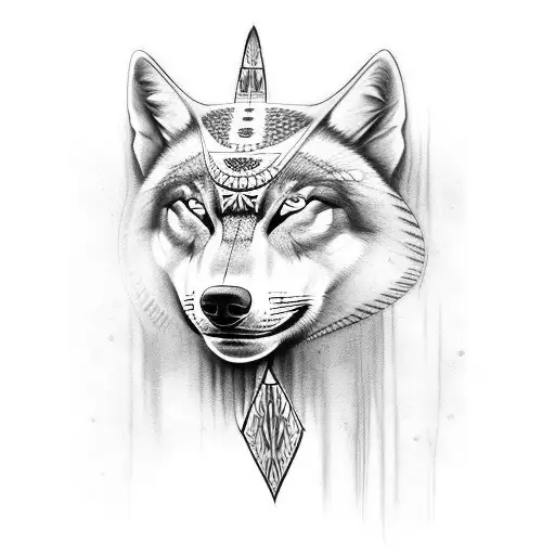 thigh tattoo of the face of a Native American warrior woman. her face is half woman half wolf tattoo design idea