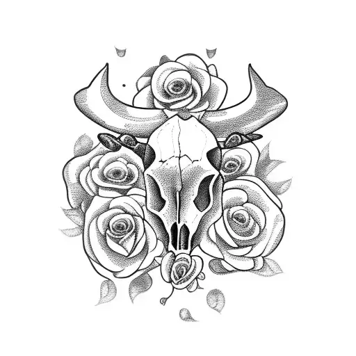 cow skull with roses tattoo design idea