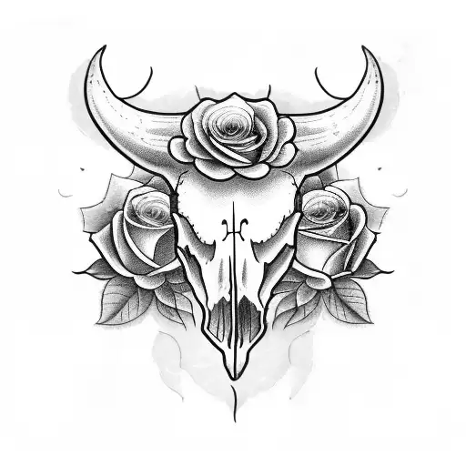 cow skull with roses tattoo design idea